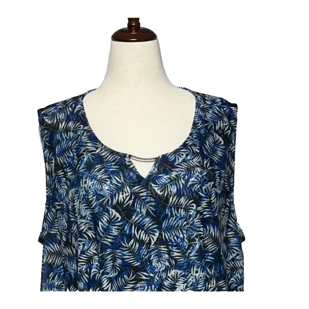 Catherines Sleeveless Top Womens 3XWP Petite Blue Chiffon Overlay Keyhole‎ Neck